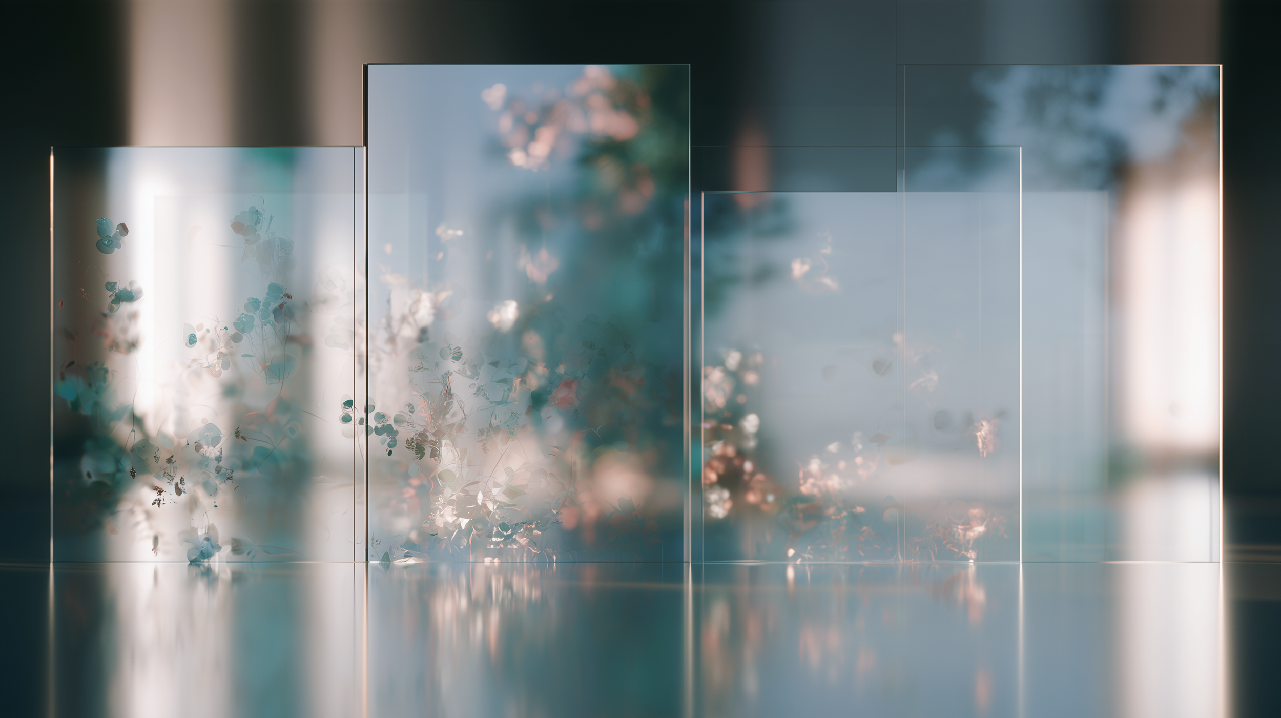 Four translucent panels in soft blue-gray, teal, and blush tones reveal layered botanical forms and blurred light, with reflections extending across a polished floor.