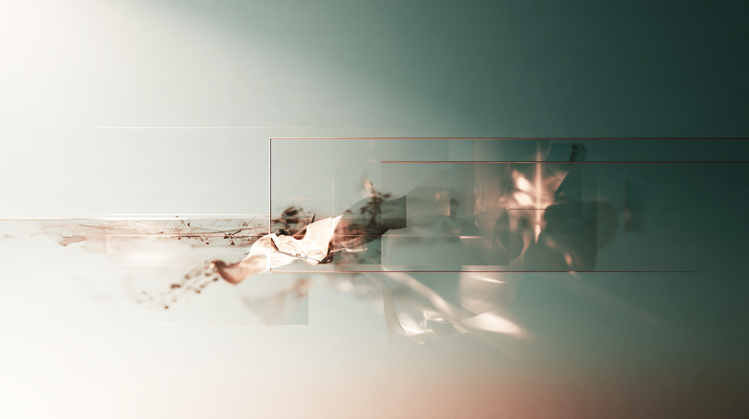 Abstract translucent layers and soft botanical traces drift horizontally across a pale teal field, suggesting signals that overlap but do not fully resolve.