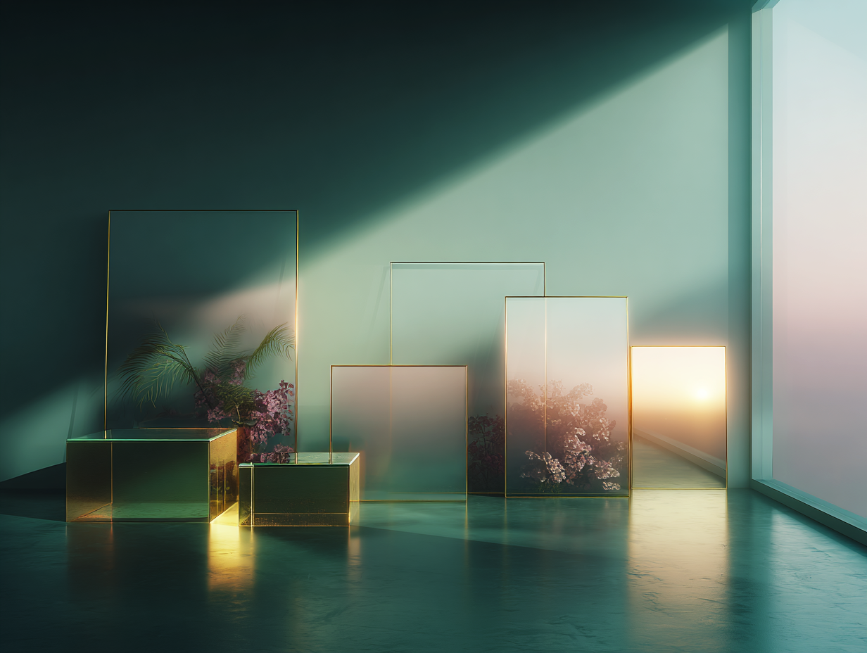 Several translucent panels and blocks stand in a softly lit interior, with floral forms and warm light visible through the glass-like surfaces.