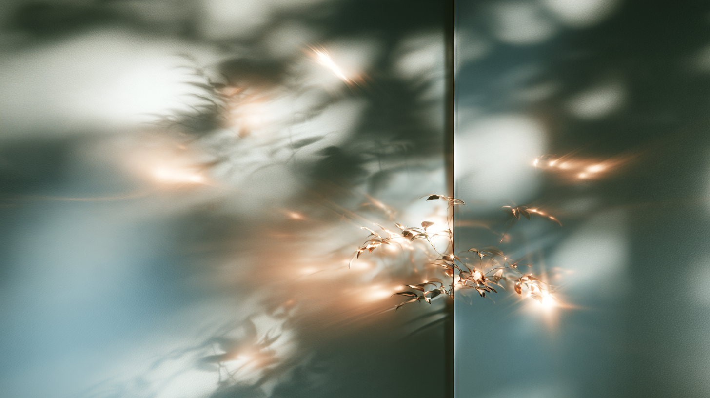 Soft light and shadow pass through translucent vertical forms, partially revealing blurred botanical shapes in a muted teal and blush field.