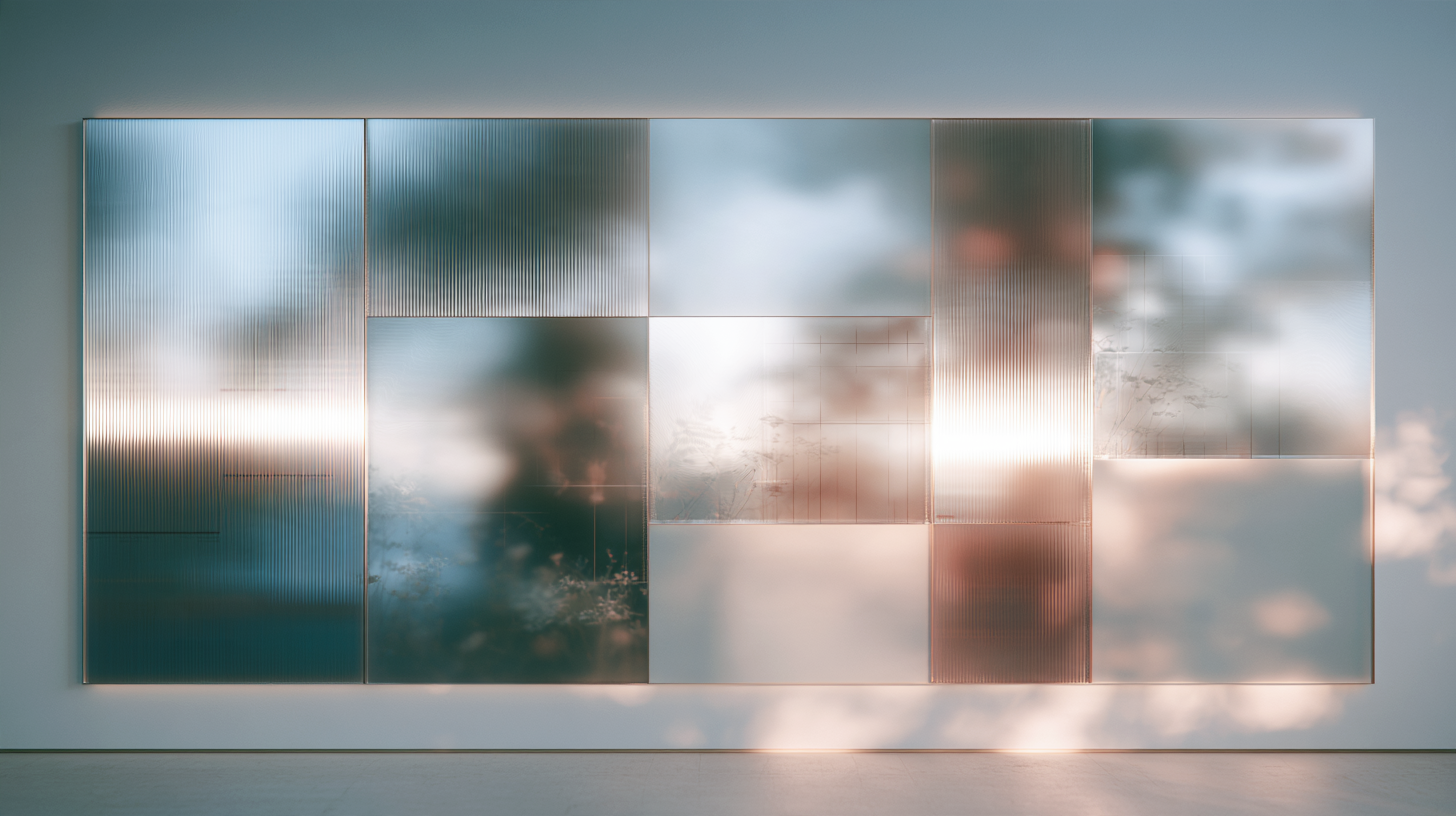 Wall-mounted translucent glass panels in soft blue, teal, and blush tones form a varied geometric composition, with subtle botanical details and warm light reflected across the surface.