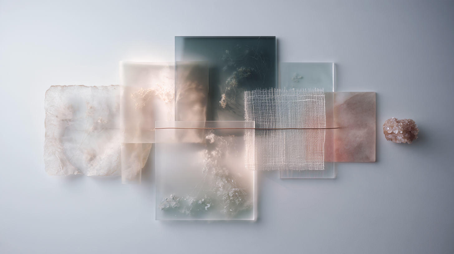 An overhead arrangement of paper, translucent resin, woven fiber, and mineral fragments is connected by a single bronze line, suggesting varied expressions held together by one stable core.
