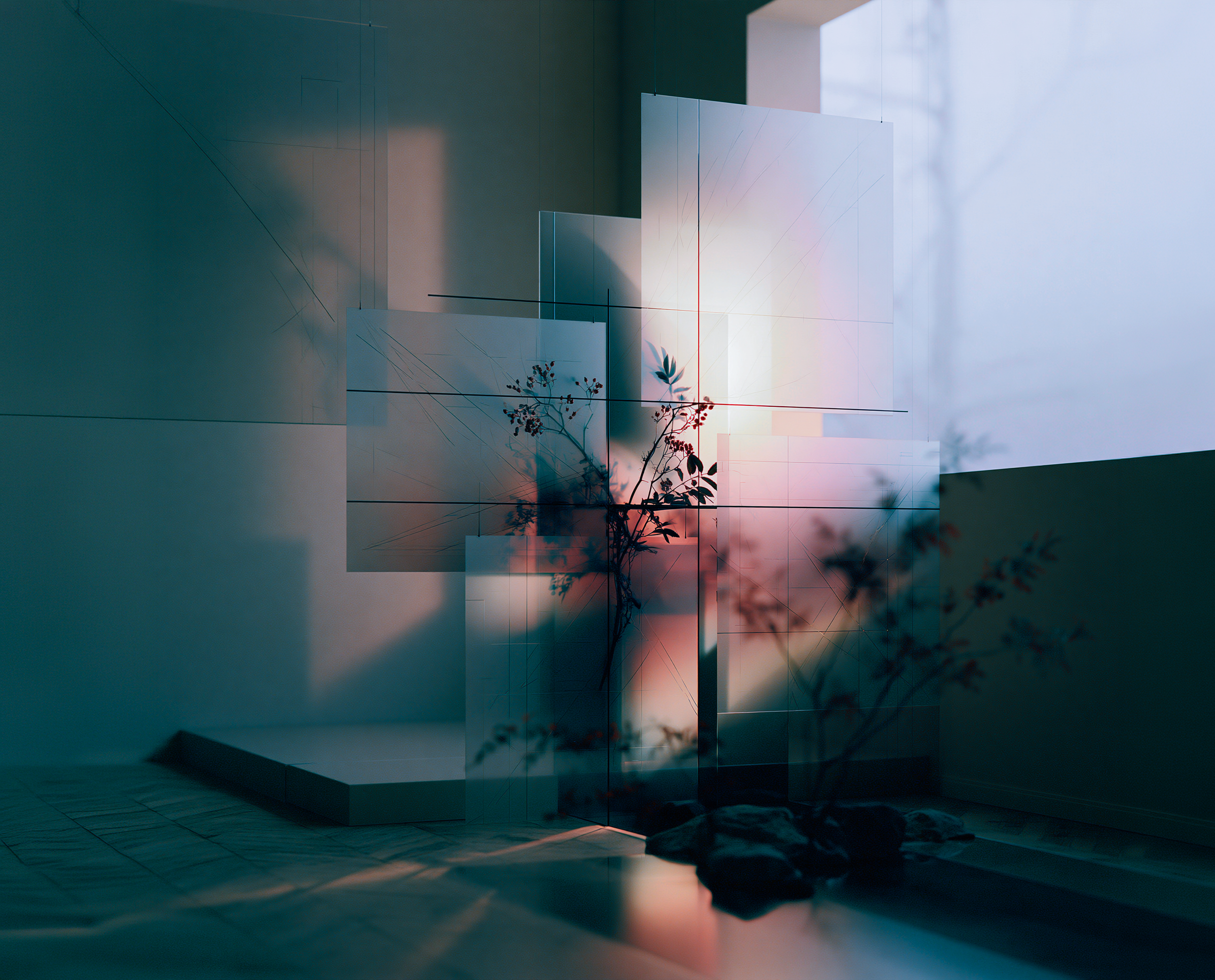 Translucent panels overlap in a quiet architectural space, with fine etched lines and botanical shadows emerging through soft green and amber light.