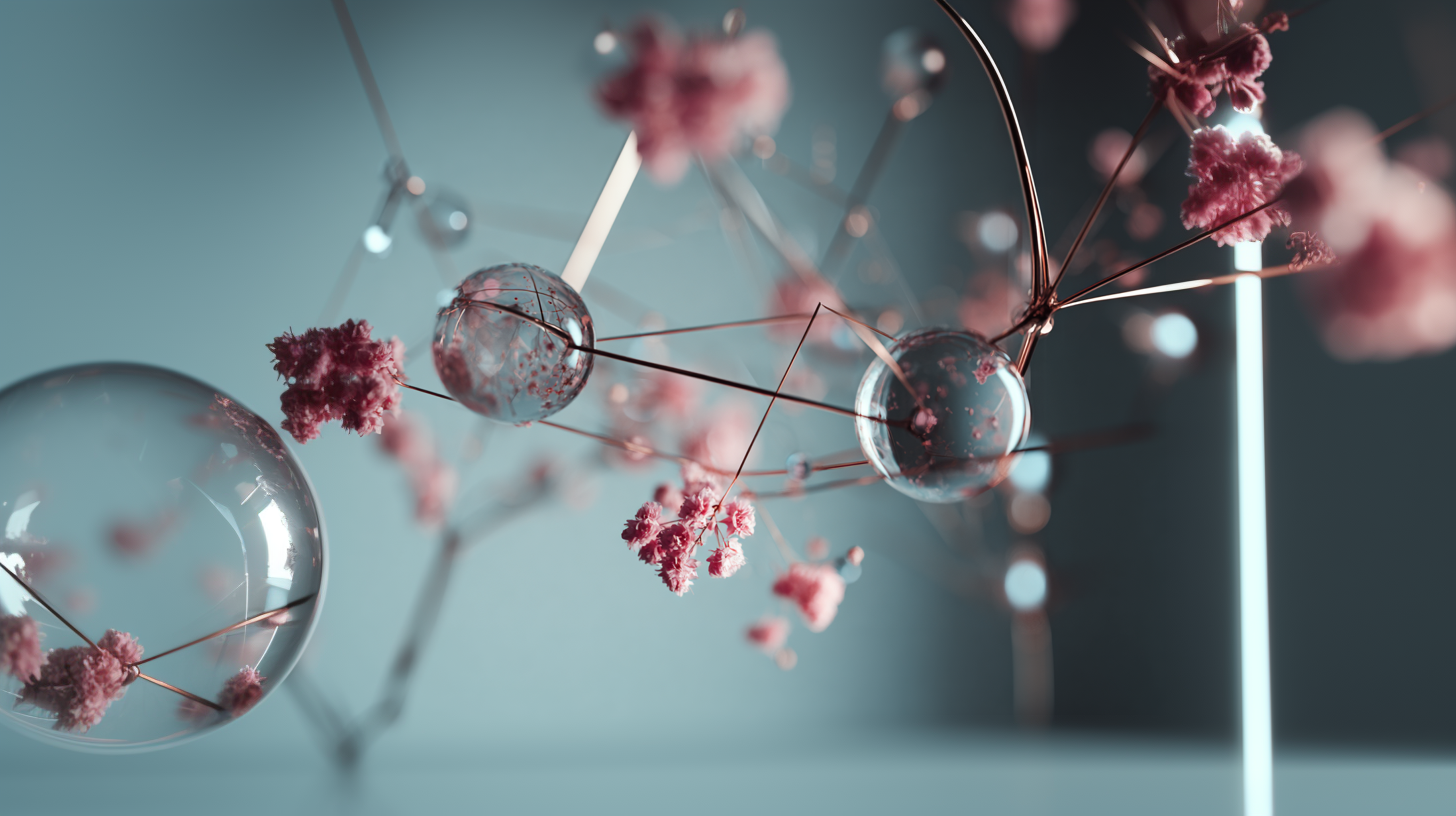 Thin metallic lines connect sparse nodes in a soft morning-toned space, with subtle organic details appearing only where connections intersect.