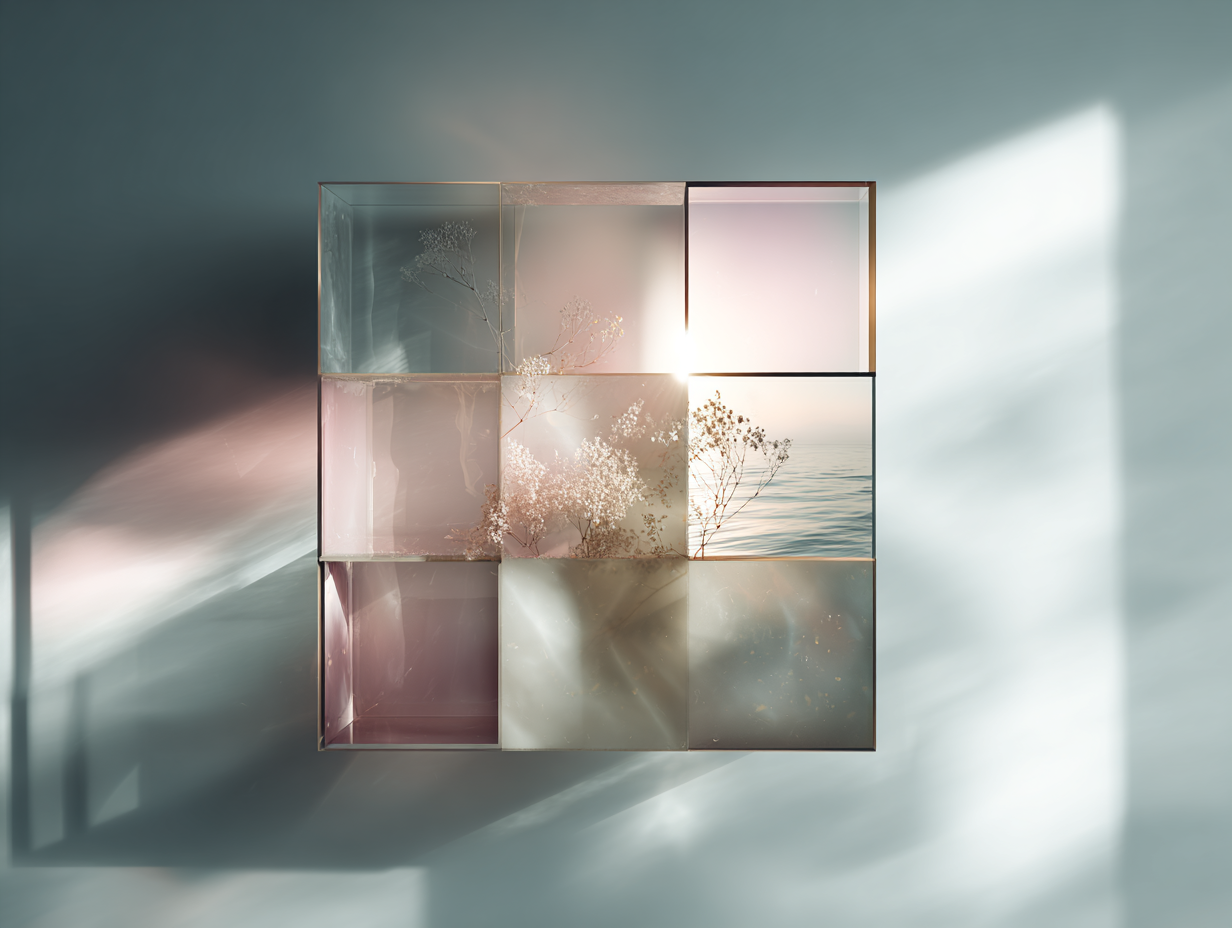 A faint 4x4 grid resembling search results floats against a muted backdrop, with only a few squares filled and softly overlaid with florals.