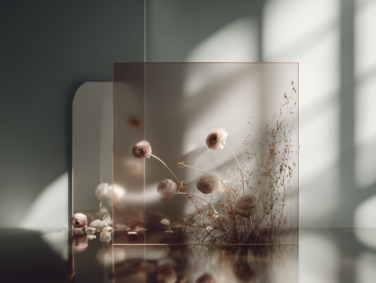 A translucent interface floats in soft morning light, partially revealing layered florals.