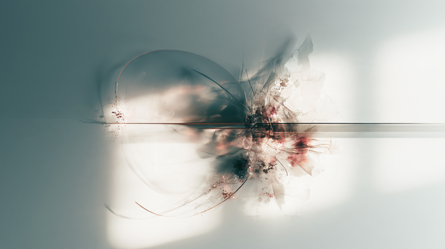 Abstract translucent forms in soft teal, blush, and ivory converge around a fine horizontal line, suggesting structure emerging from layered signals.