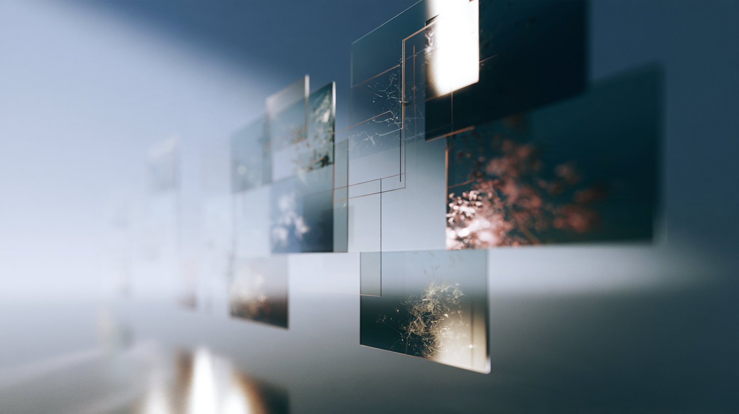 Abstract translucent panels recede through soft light and shadow, with botanical details and metallic lines suggesting layers of information moving toward focus.