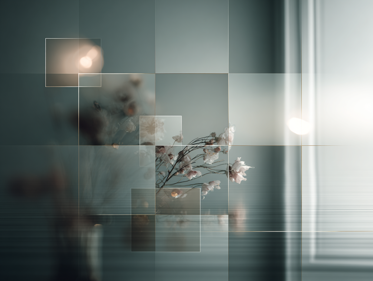 A sparse grid floats in a calm minimalist space, with only a few filled squares visible while most cells remain empty.