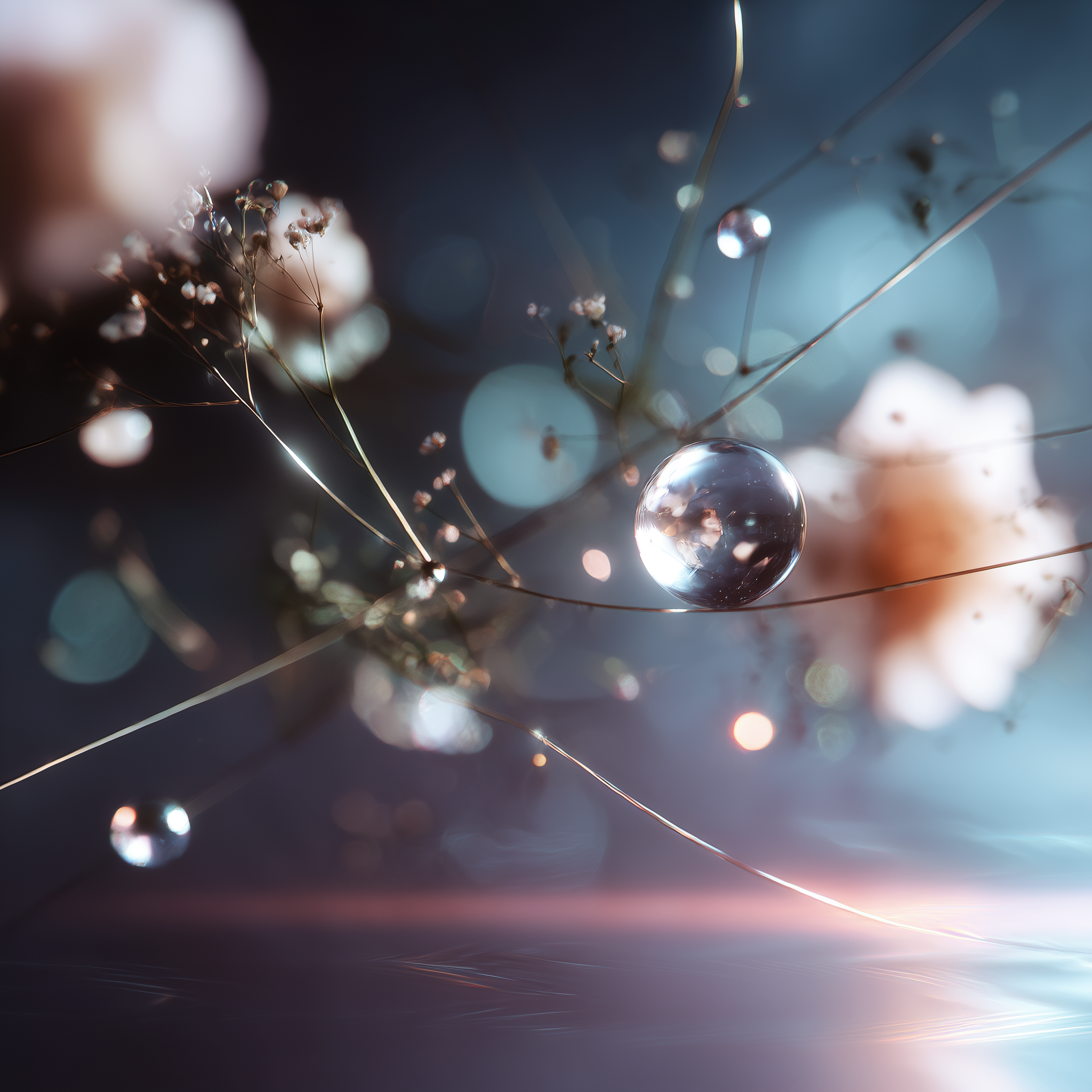 Close-up abstract image of thin metallic lines, clear glass spheres, and delicate dried floral stems floating over a dark reflective surface, with soft blue and blush light and heavy background blur.