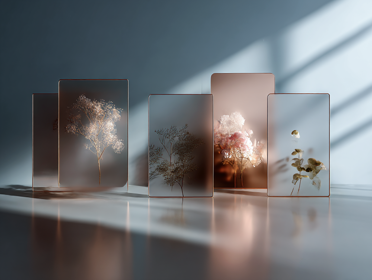 Sheer panels with organic accents sit in a softly lit space.