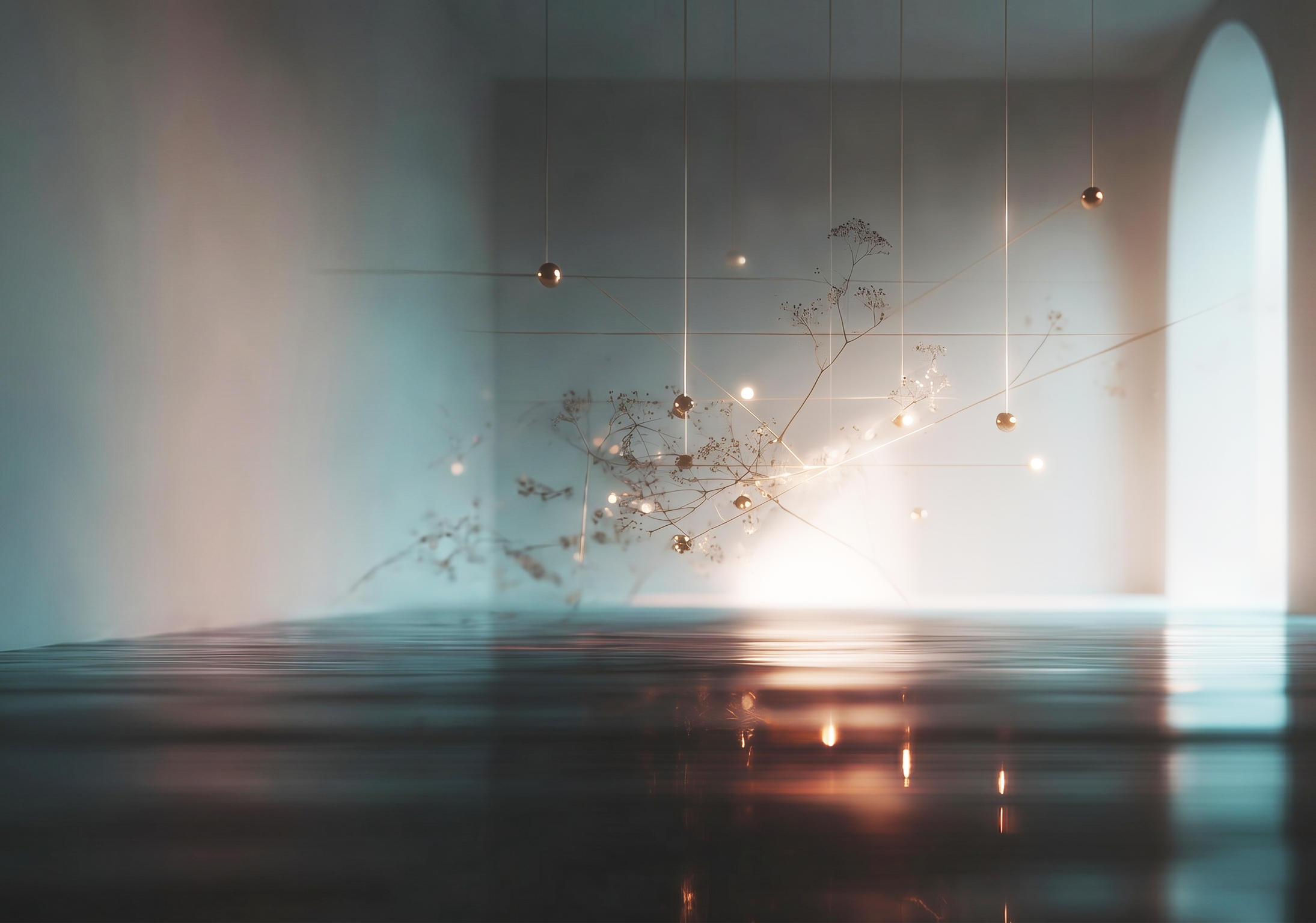 Abstract scene with thin suspended lines, small metallic spheres, and delicate branching forms floating in a softly lit room, with a bright arched opening at right and reflections across a glossy surface.