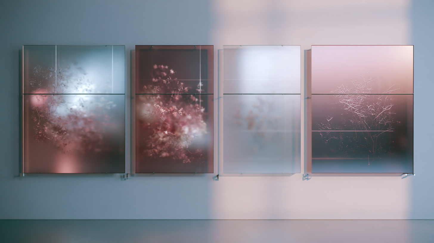 Four wall-mounted translucent panels in blue, blush, and rose tones display varied botanical forms and soft textures, linked by a shared horizontal line across the composition.