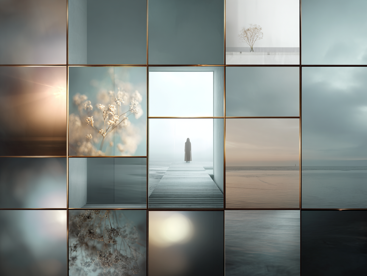A collection of squares arranged in a grid, partially filled with soft, dreamy nature imagery.
