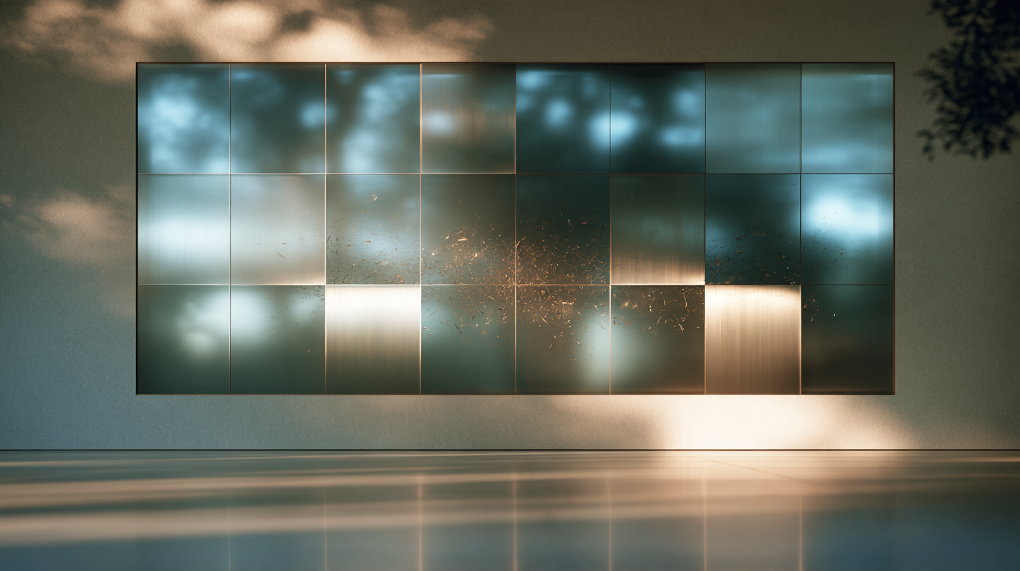 Wall-mounted translucent grid panels reflect soft blue, bronze, and ivory light, with subtle embedded botanical traces resolving into a central pattern above a polished floor.