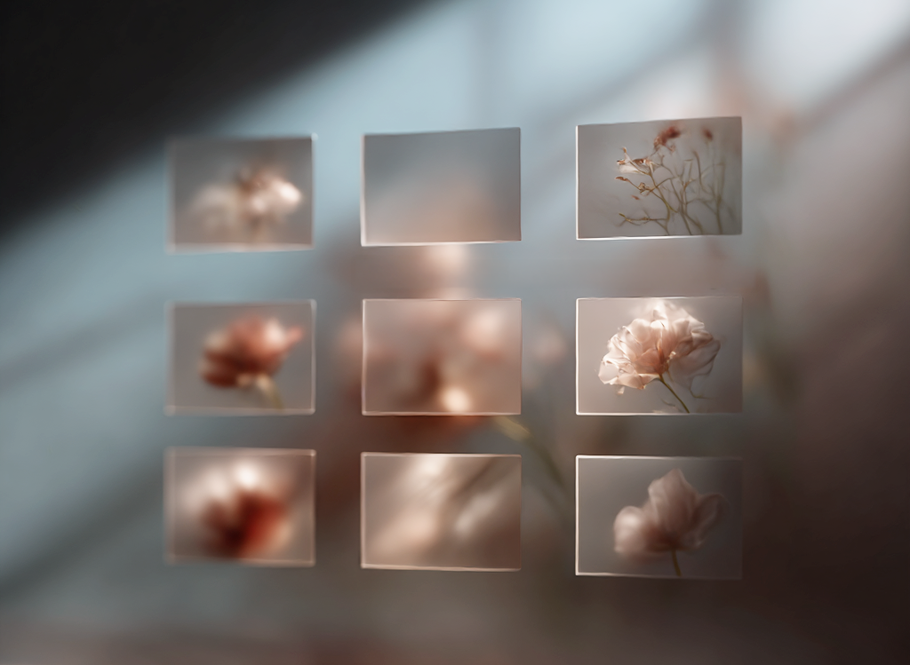 A soft grid of translucent image panels shows blurred botanical forms in warm light against a muted blue-gray background.