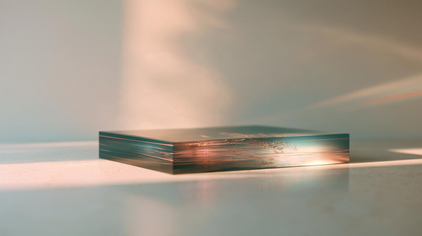 A low rectangular slab in teal and blush rests on a pale surface, with layered translucent edges, embedded botanical textures, and soft sunlight across the scene.