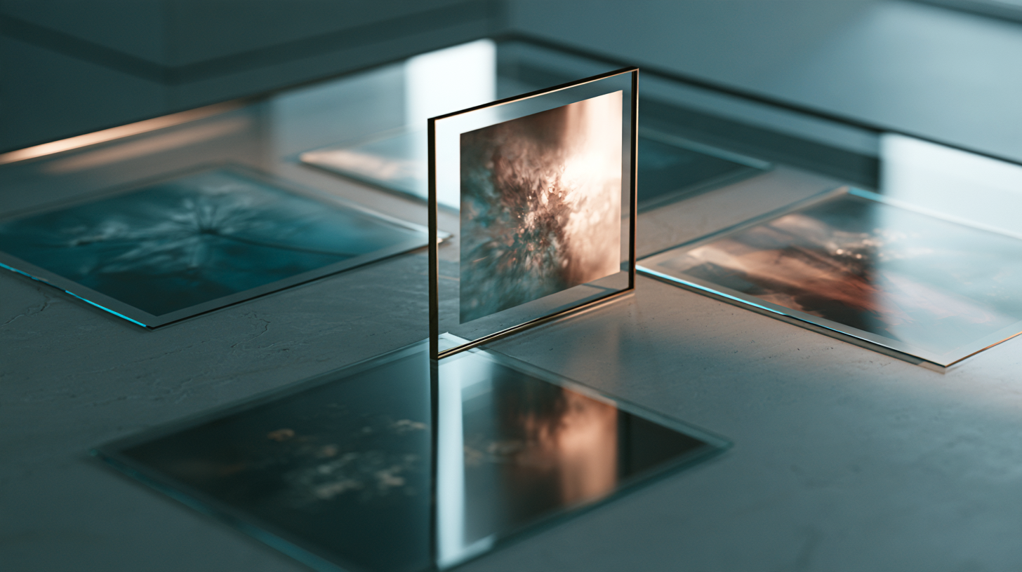 Translucent image samples arranged across a tabletop, with one framed image standing upright in sharp focus among softer surrounding options.