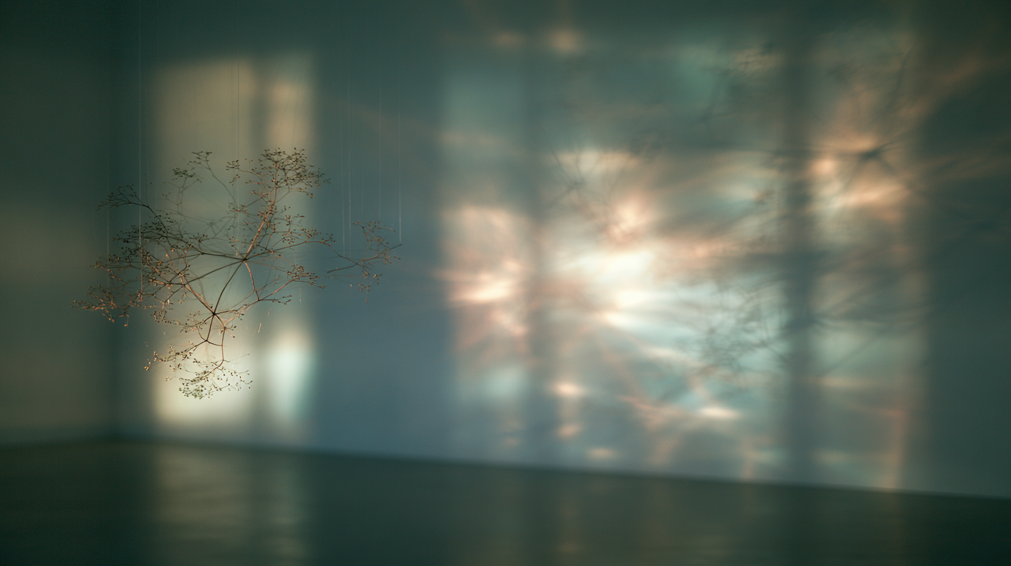 Delicate branching forms sit against a softly lit wall, while diffused blue and warm light creates an abstract, partially resolved pattern across the surface.