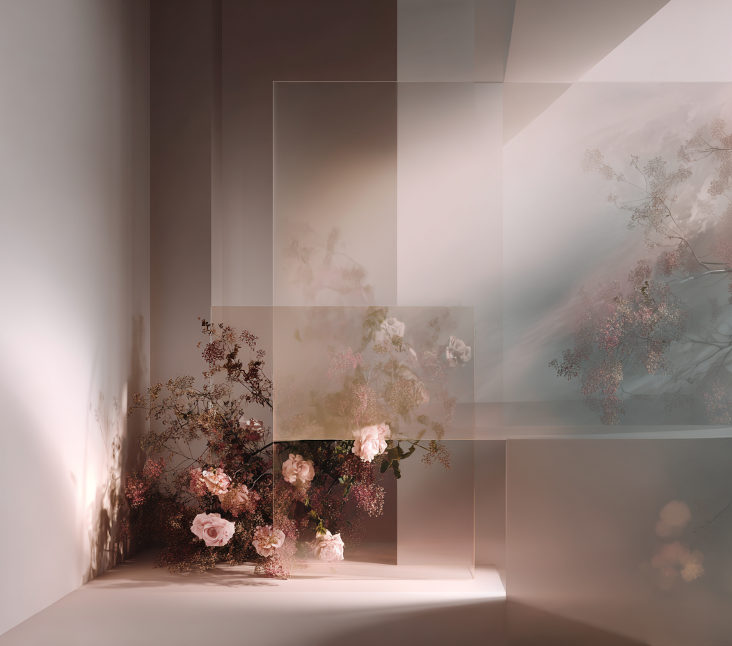 Sheer panels float in a softly lit room, surrounded by soft florals.