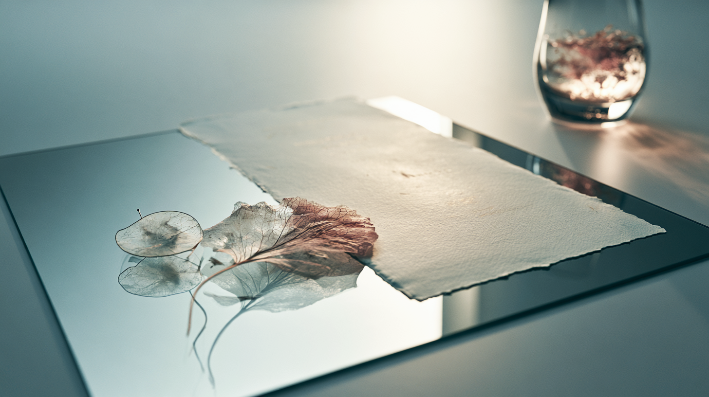 A quiet still life of deckled handmade paper and translucent pressed botanical fragments arranged on a reflective surface in soft morning light.
