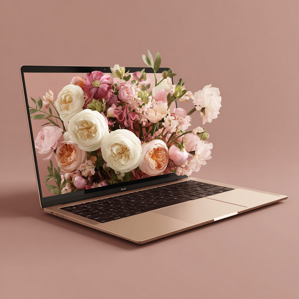 A laptop with a screen displaying a bouquet of pink, white, and peach flowers against a pink background.