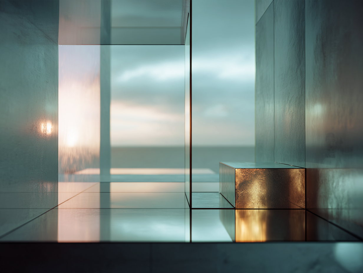 Translucent architectural planes frame a small reflective metallic block, with soft blue-green light and warm highlights creating depth and contrast.
