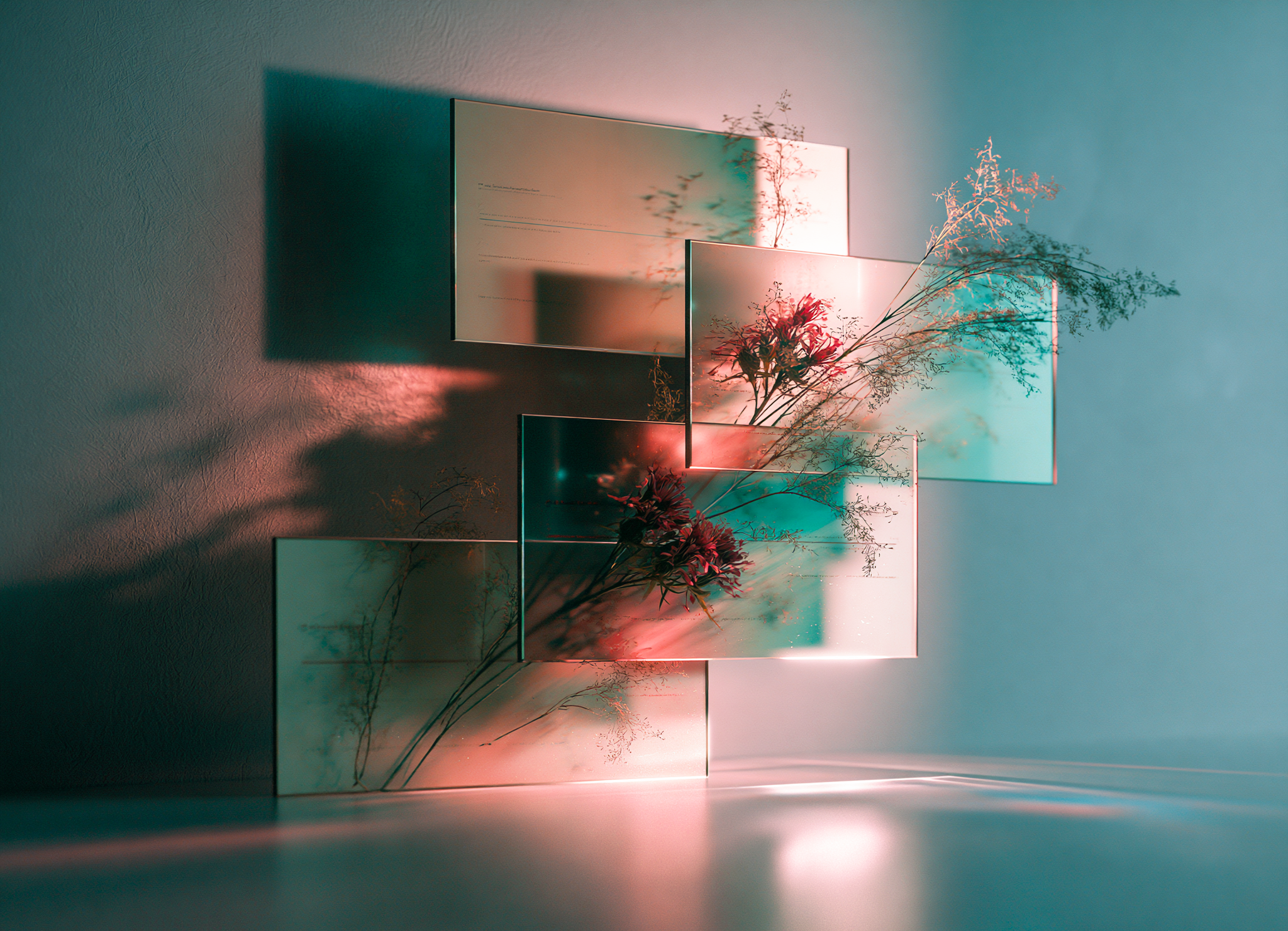 Overlapping translucent panels hold delicate botanical stems, with soft teal and coral light casting layered shadows across a quiet interior wall.