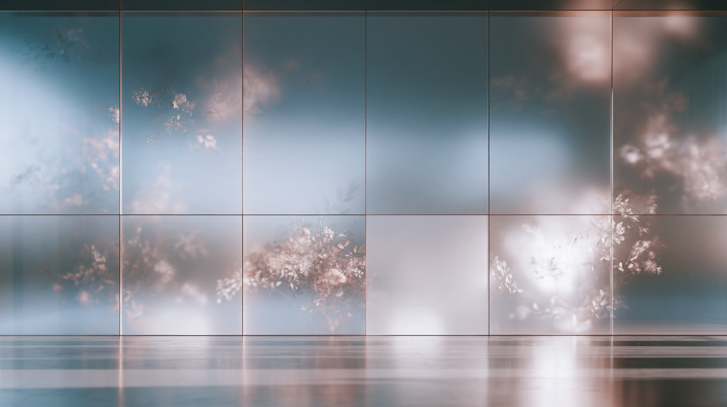 Large translucent wall panels in pale blue, blush, and charcoal tones reveal soft botanical forms and diffused light, reflected across a polished floor.