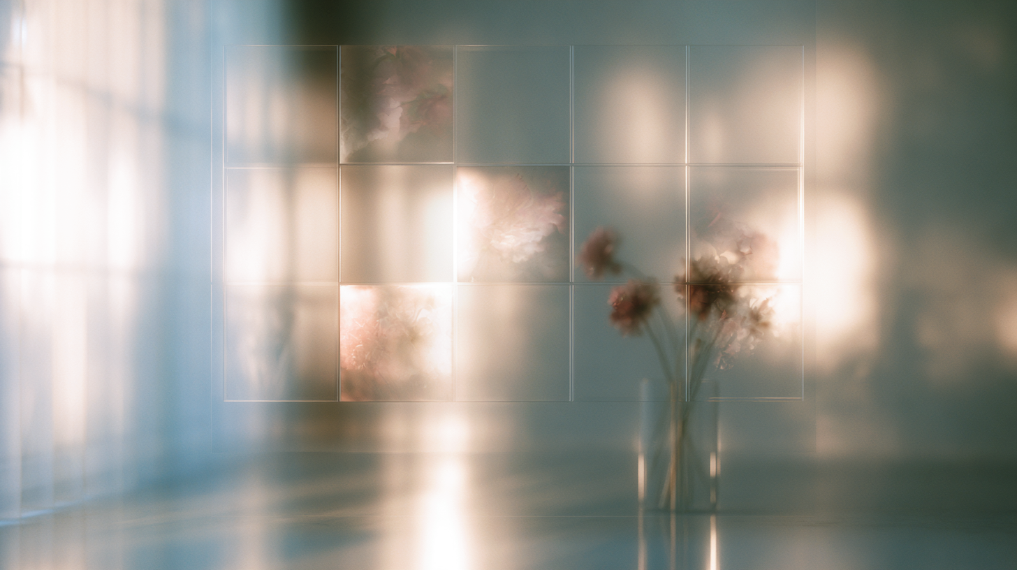 Soft morning light filters through a translucent grid, revealing blurred flowers and partially obscured shapes behind the panels.