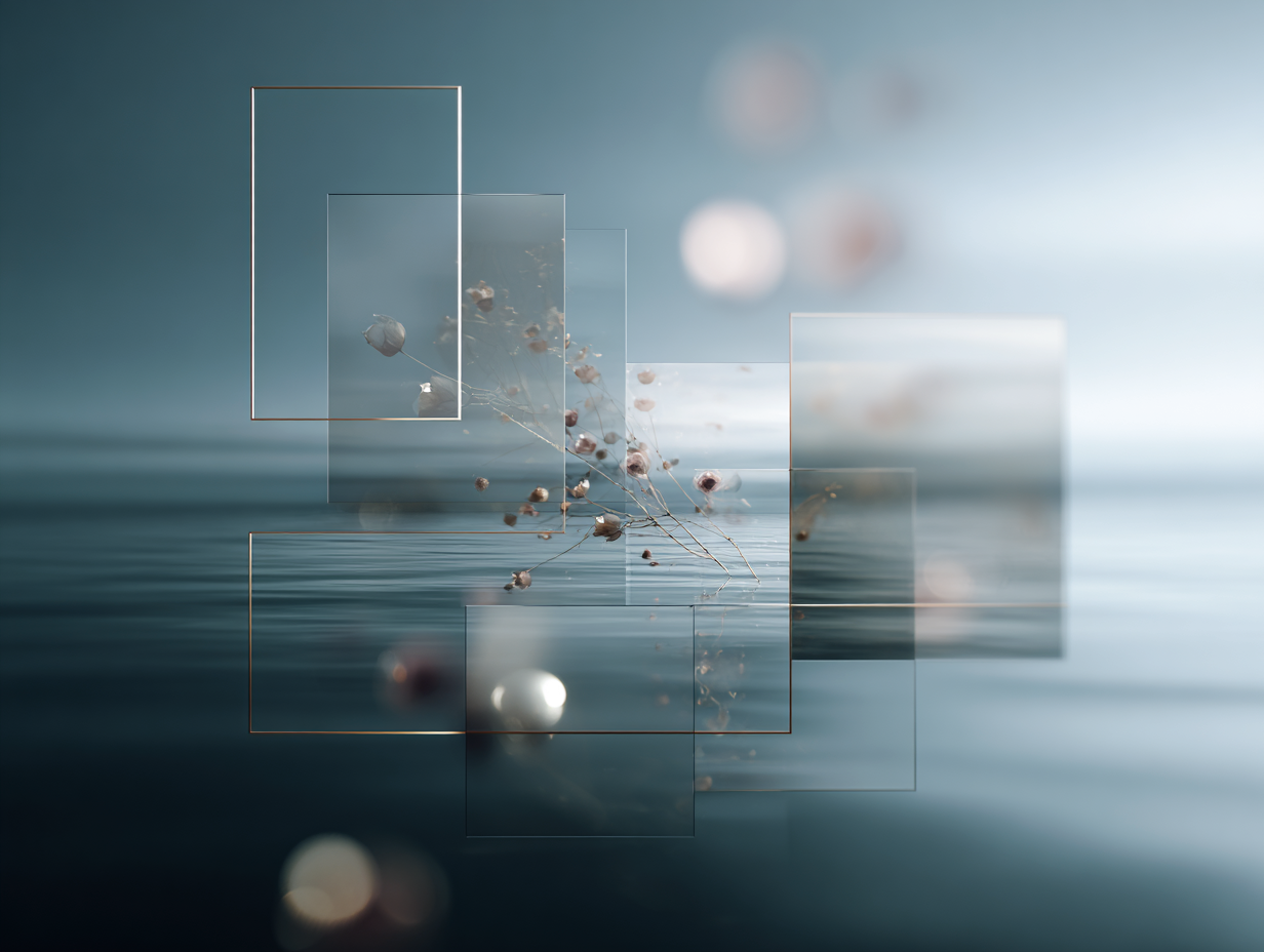 A series of sheer grids float in softly-lit space with florals and water.