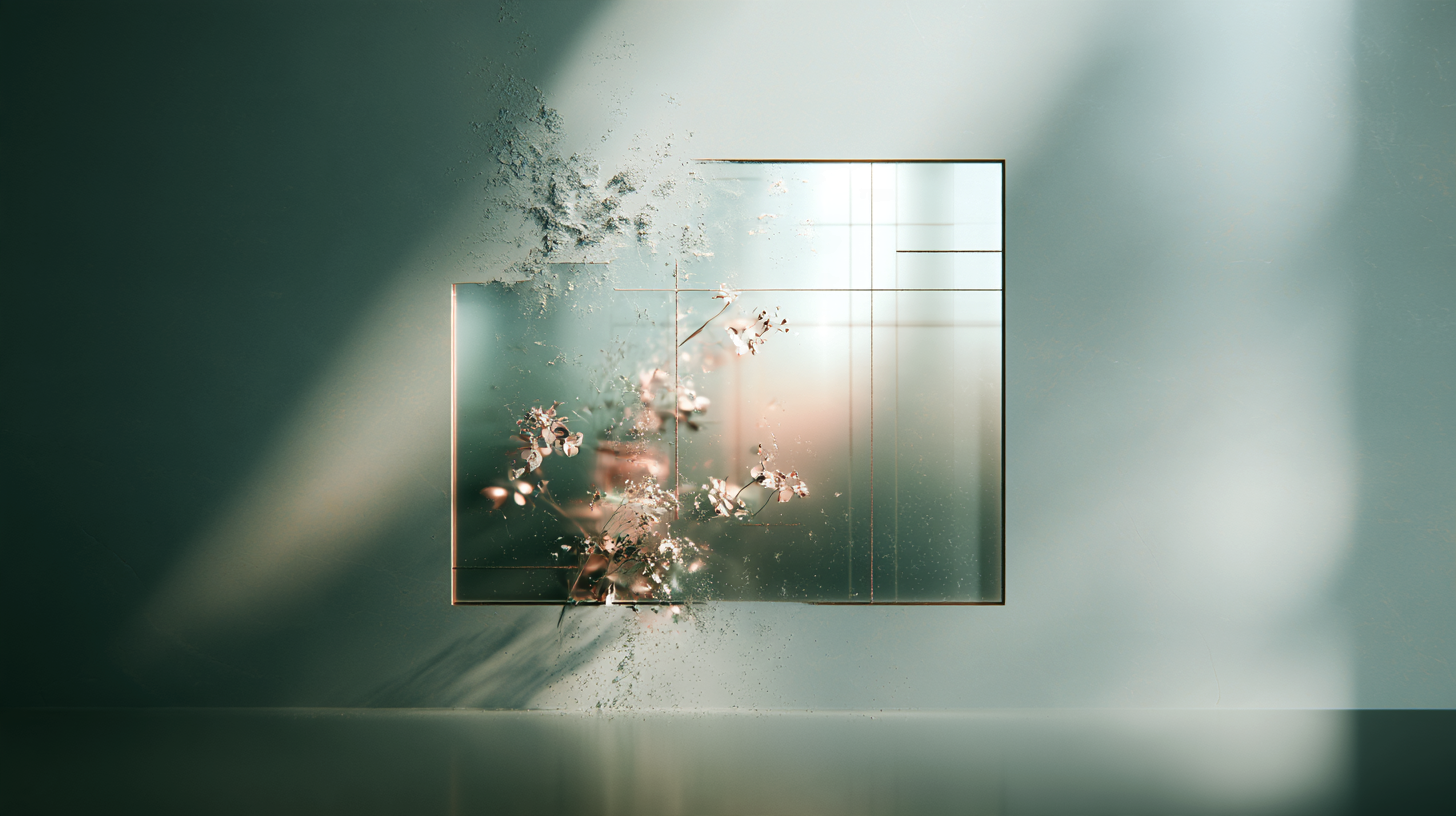 A translucent geometric frame in muted teal and bronze dissolves into soft powder, botanical fragments, and light, suggesting a structure becoming incomplete at the edges.