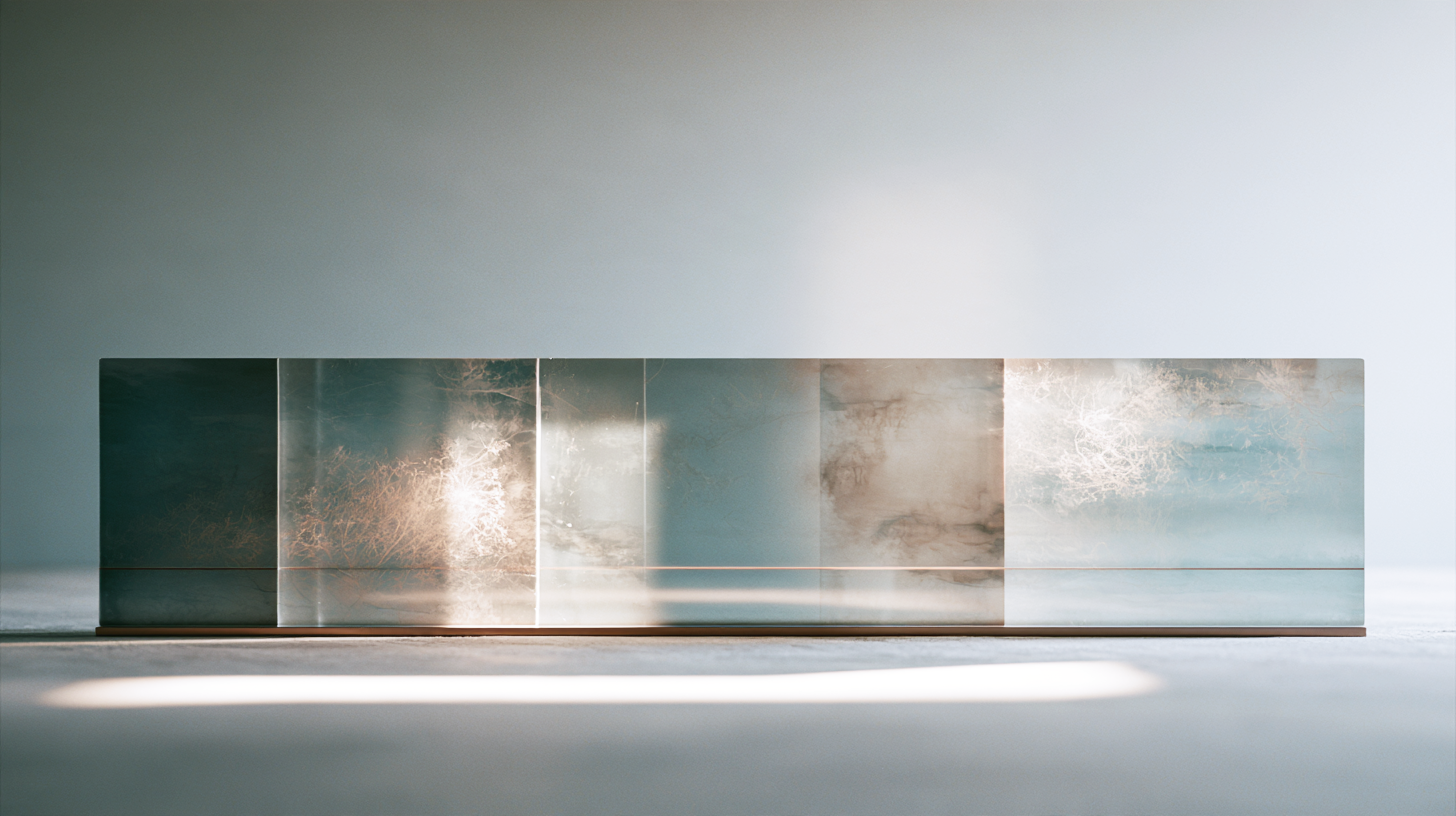 A long translucent field in muted teal, ivory, and blush shows repeated internal traces with varying clarity, suggesting a pattern becoming visible through repeated observation.