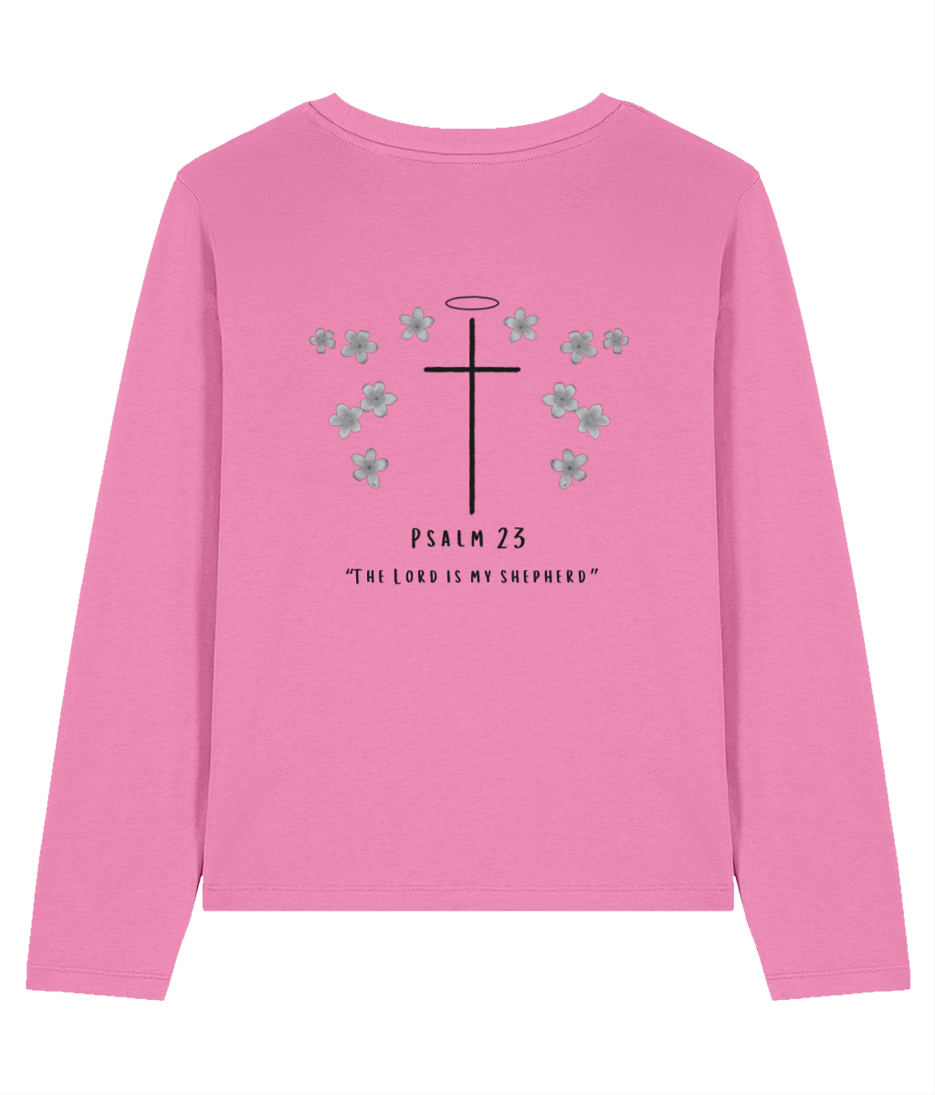 Long sleeve top with larger Christian cross symbol on the back, with small decorative flowers, and Psalm 23 written beneath.