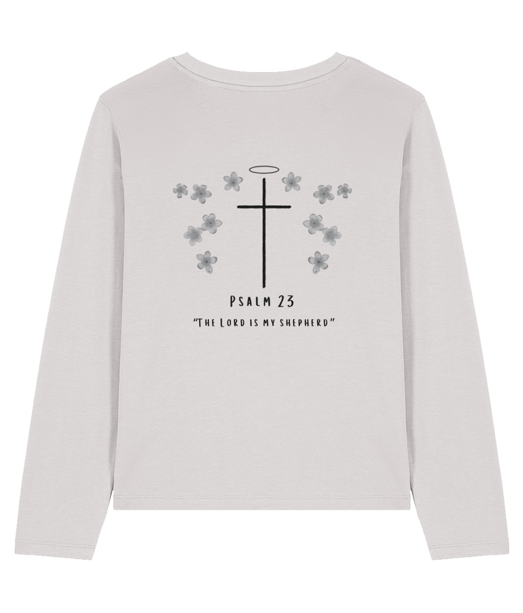 Long sleeve top with larger Christian cross symbol on the back, with small decorative flowers, and Psalm 23 written beneath.
