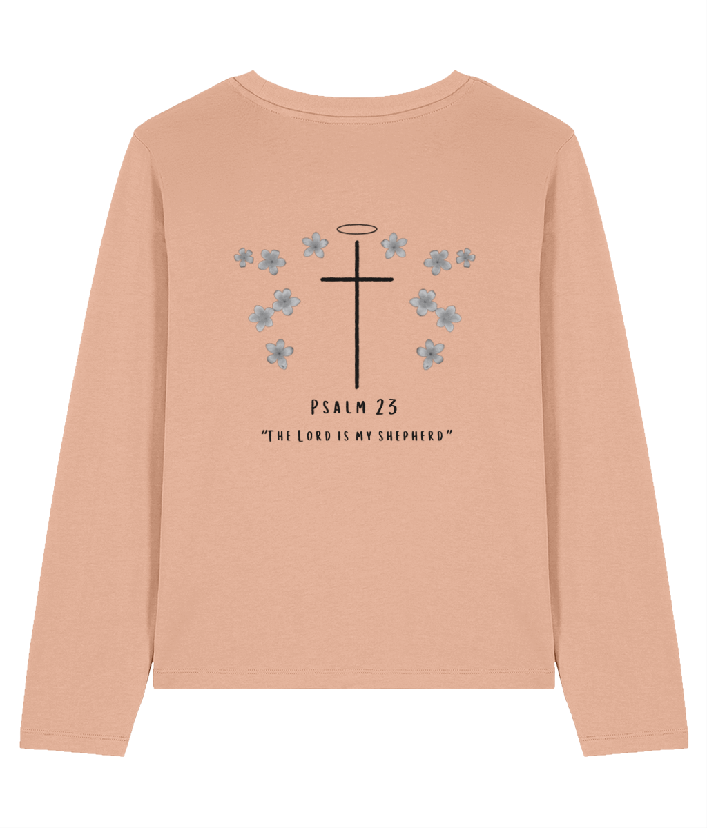 Long sleeve top with larger Christian cross symbol on the back, with small decorative flowers, and Psalm 23 written beneath.