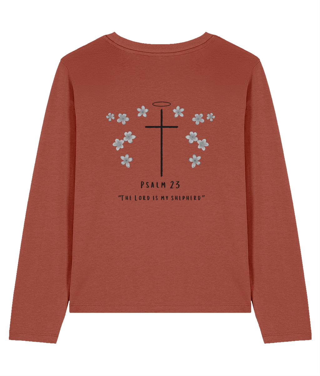 Long sleeve top with larger Christian cross symbol on the back, with small decorative flowers, and Psalm 23 written beneath.