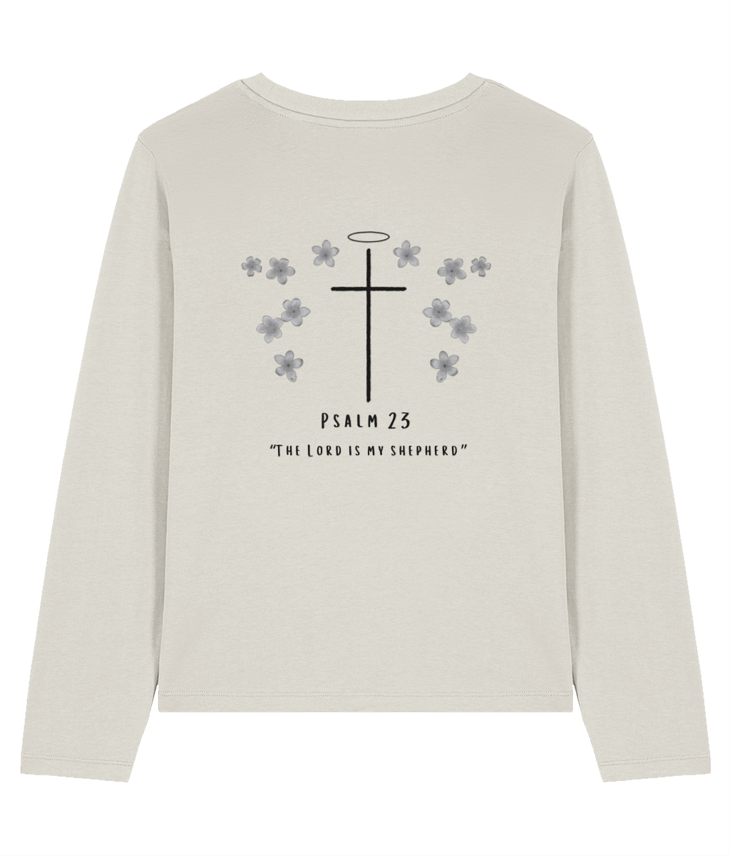 Long sleeve top with larger Christian cross symbol on the back, with small decorative flowers, and Psalm 23 written beneath.