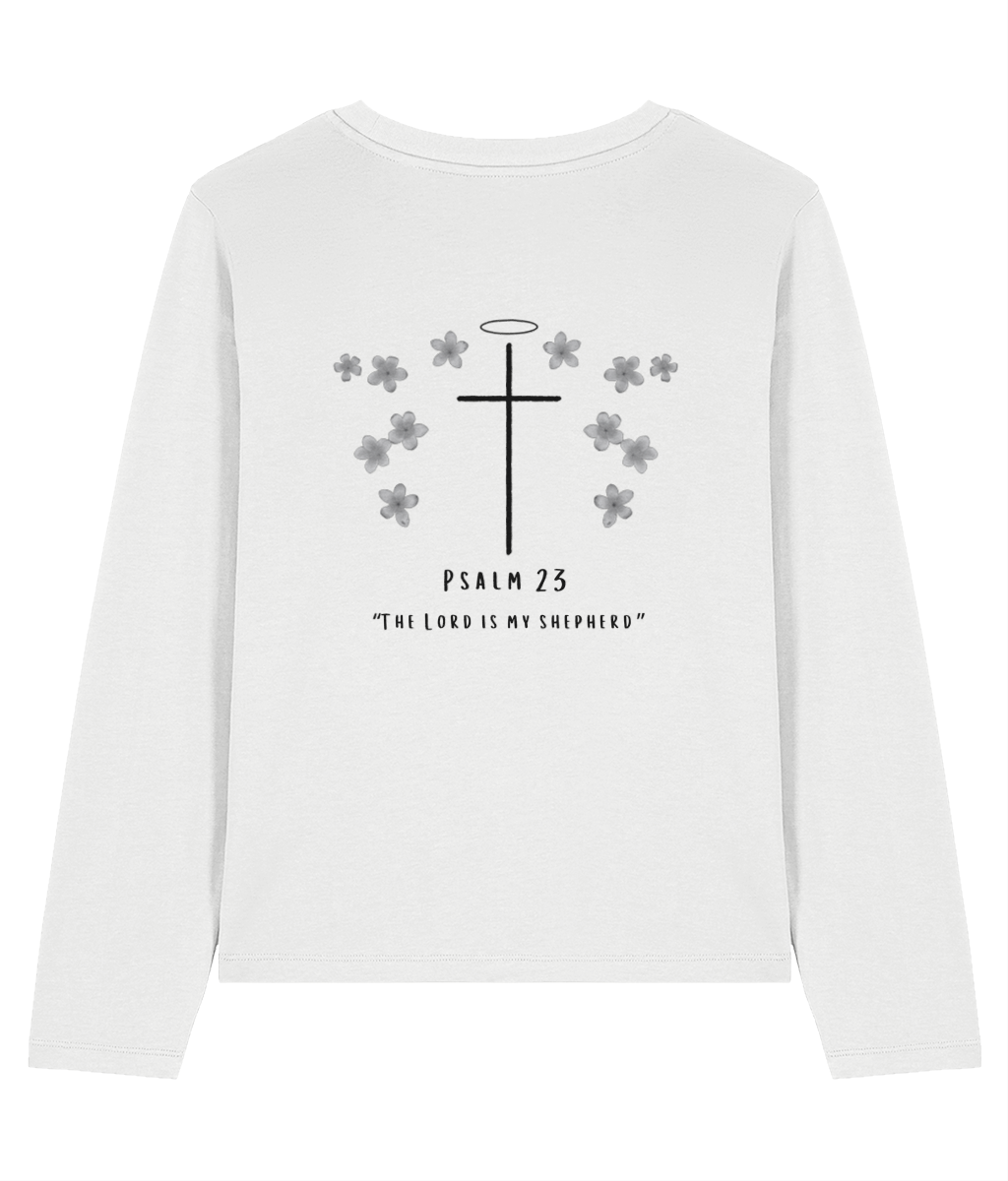 Long sleeve top with larger Christian cross symbol on the back, with small decorative flowers, and Psalm 23 written beneath.