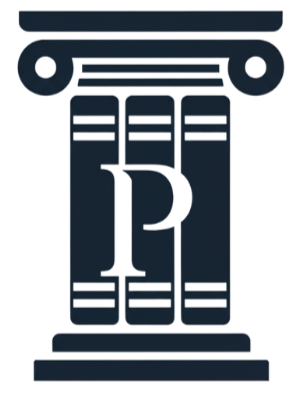 Close-up of a classical Greek or Roman pillar with three books and a large letter 'P' on the front book.