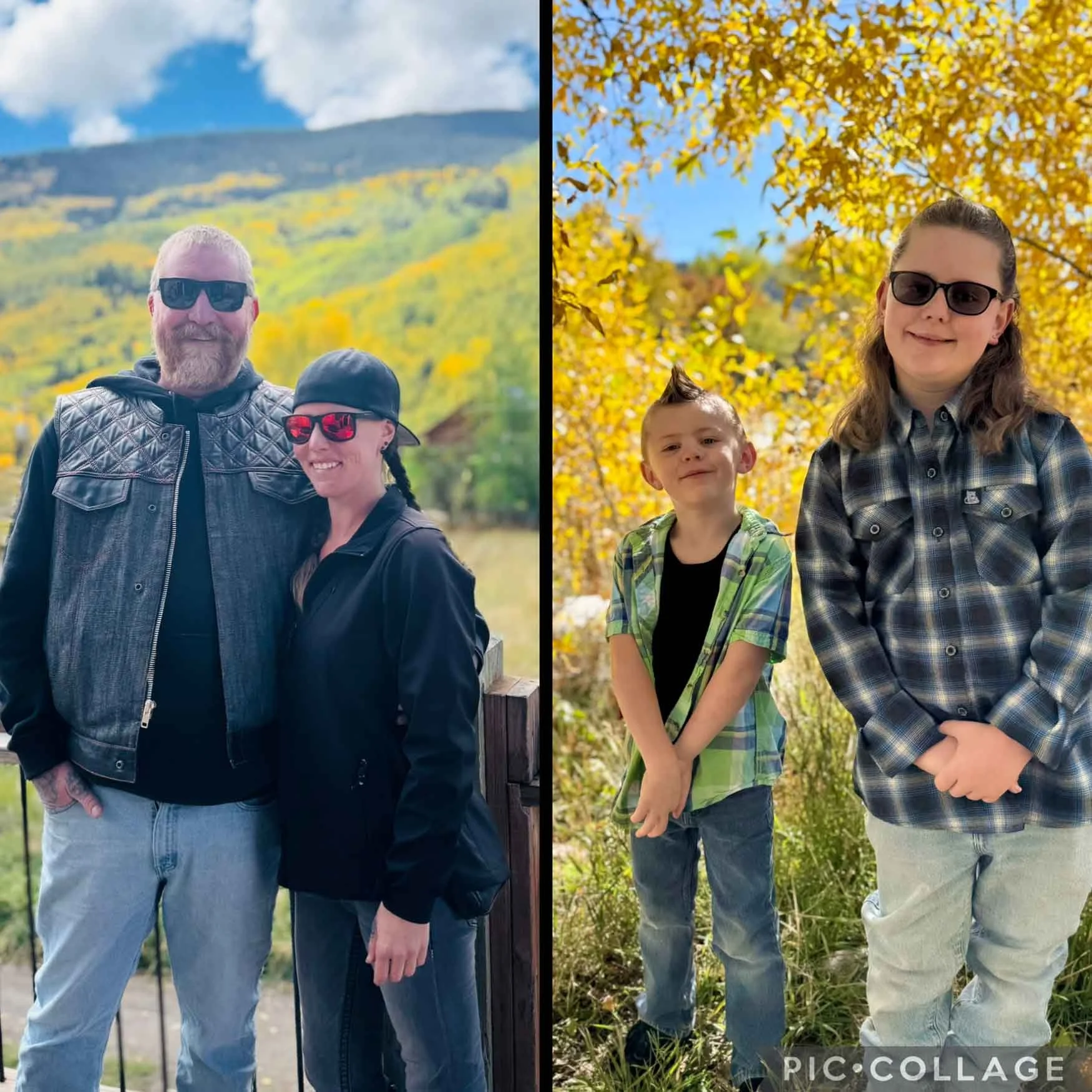 A collage of two photos featuring a man with two young boys outdoors. In the left photo, the man and a girl are standing on a trail with yellow and green mountains in the background. In the right photo, the same girl and a boy are standing among yellow autumn trees.