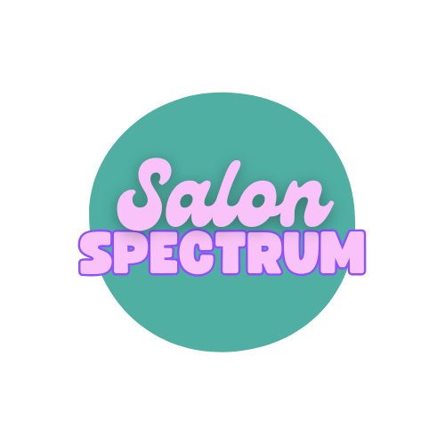 Colorful logo with the words "Salon SPECTRUM" in pink and purple on a geometric teal and purple background.