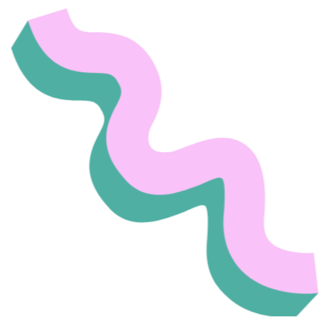 An abstract illustration of a wavy, elongated shape with pink and teal colors.