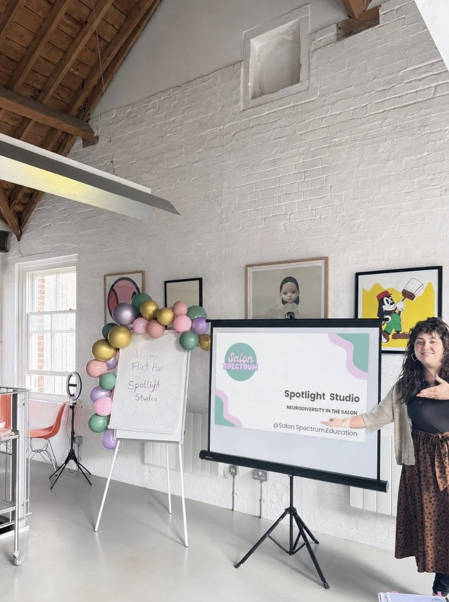 Brandy Powell teaching the Salon SPectrum Spotlight Studio course . A course focusing on neurodiversity in the salon, for hairdressers.
