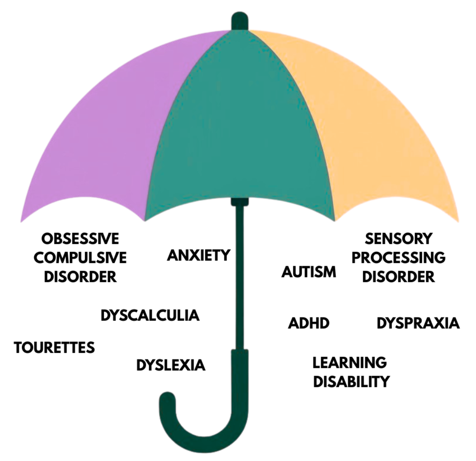 Colorful umbrella with purple, green, and yellow panels.