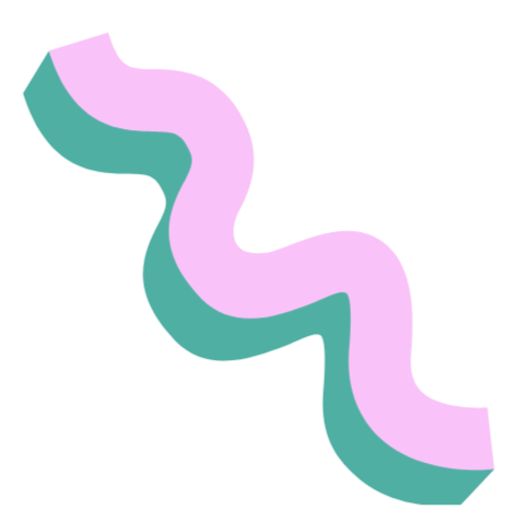 A winding, ribbon-like graphic with pastel pink and teal colors.