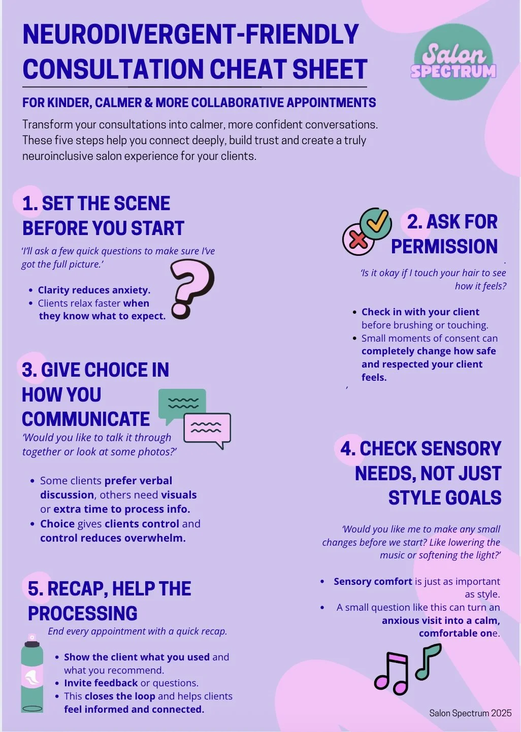 Neurodivergent-Friendly Consultation Cheat Sheet graphic from Salon Spectrum, outlining 5 inclusive steps for hairstylists: setting the scene, asking permission, offering communication choices, checking sensory needs, recapping to support clients