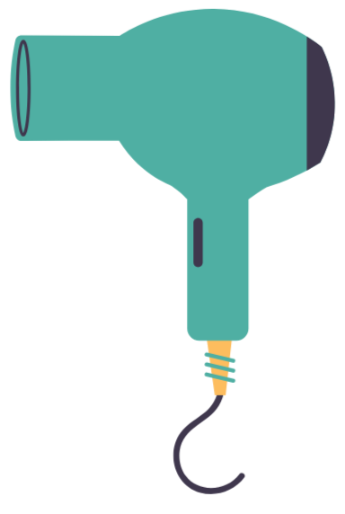Digital illustration of a teal hairdryer with a black power cord.