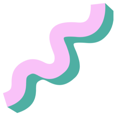 A stylized illustration of a wavy, elongated shape with pink and teal colors on a black background.