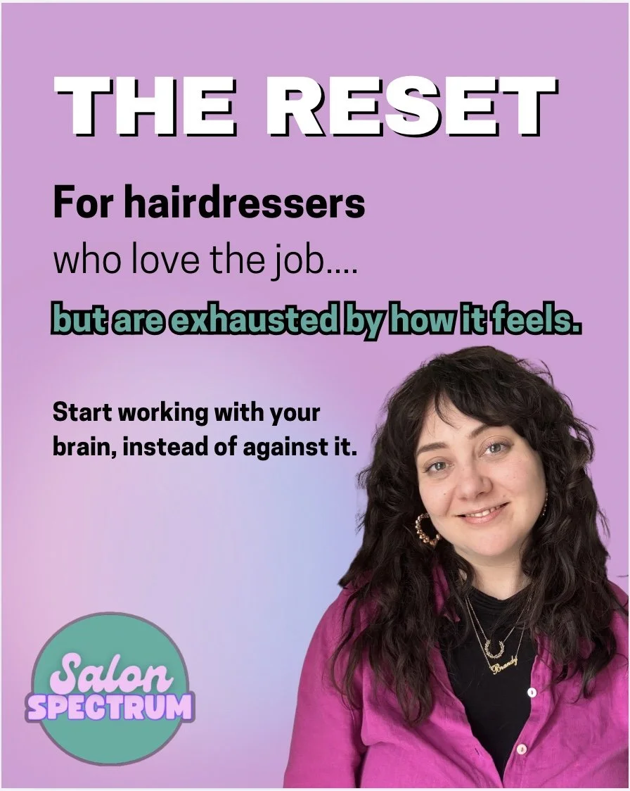 Image of Brandy Powell, a hairdresser in Norwich who is supporting hairdressers who love the job, but are feeling burnt out. Advertising neuro-inclusive , neuro-affirming ways of working in the salon.